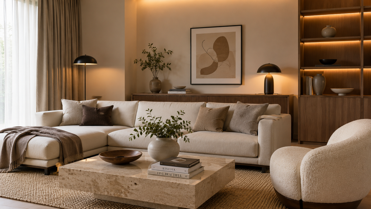 Stilvolles Wohnzimmer mit hochwertiger Einrichtung, warmen Farben und moderner Dekoration