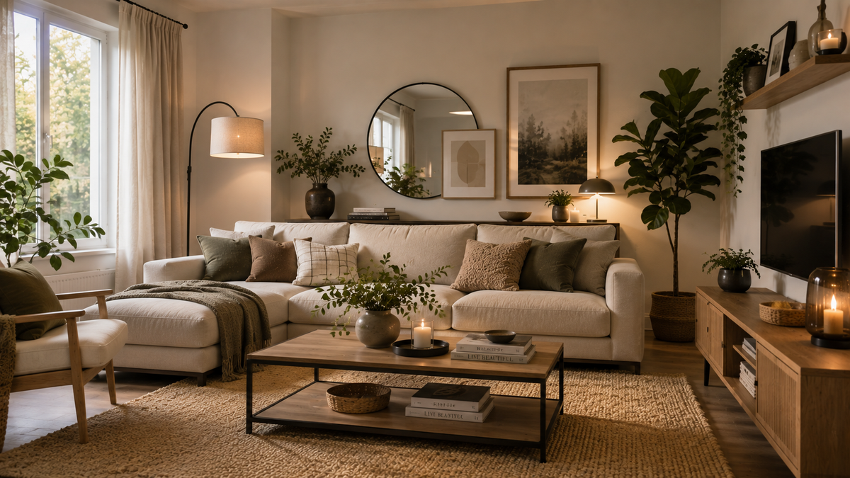 Modern gestaltetes Wohnzimmer mit stilvoller Dekoration, warmem Licht und natürlichen Farben