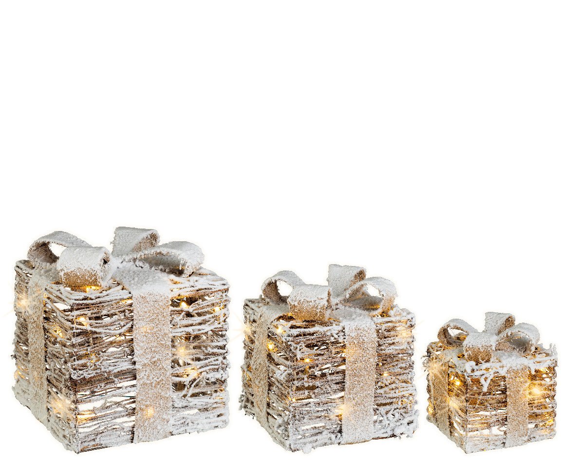 LED Decorative Gift Boxes with Decorative Snow – Set of 3