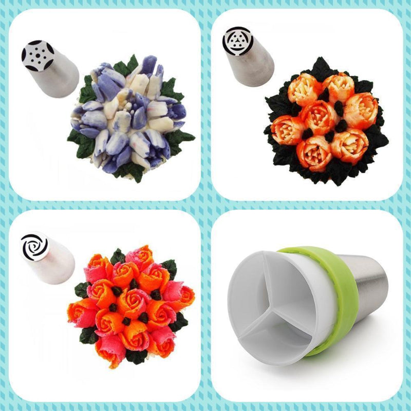 Vier Beispiele für Rosen- und Blumenmuster mit verschiedenen Edelstahl-Spritztüllen des PipingTip-Sets