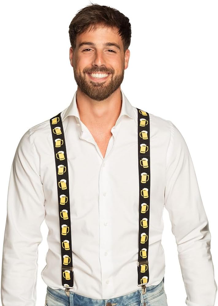 Oktoberfest suspenders with a beer stein motif, black