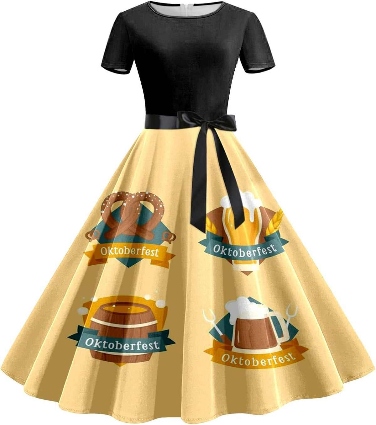 Women's Oktoberfest Dirndl Dress, Beer Mug Print with Waistband