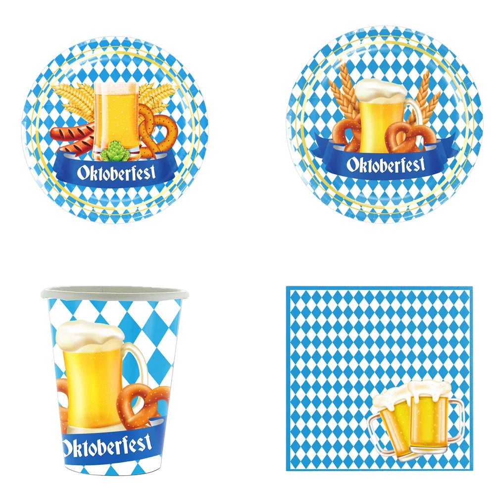 Oktoberfest Party Tableware Set for 12 People, Disposable, with Tablecloth