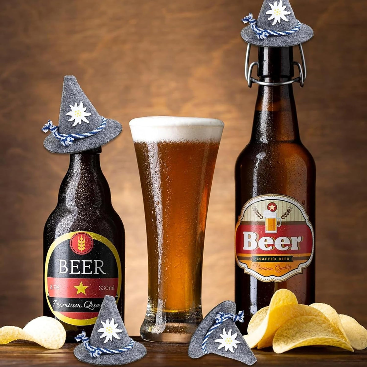 Oktoberfest Mini Felt Trachten Hats, Gray, Bottle Decorations, Set of 12