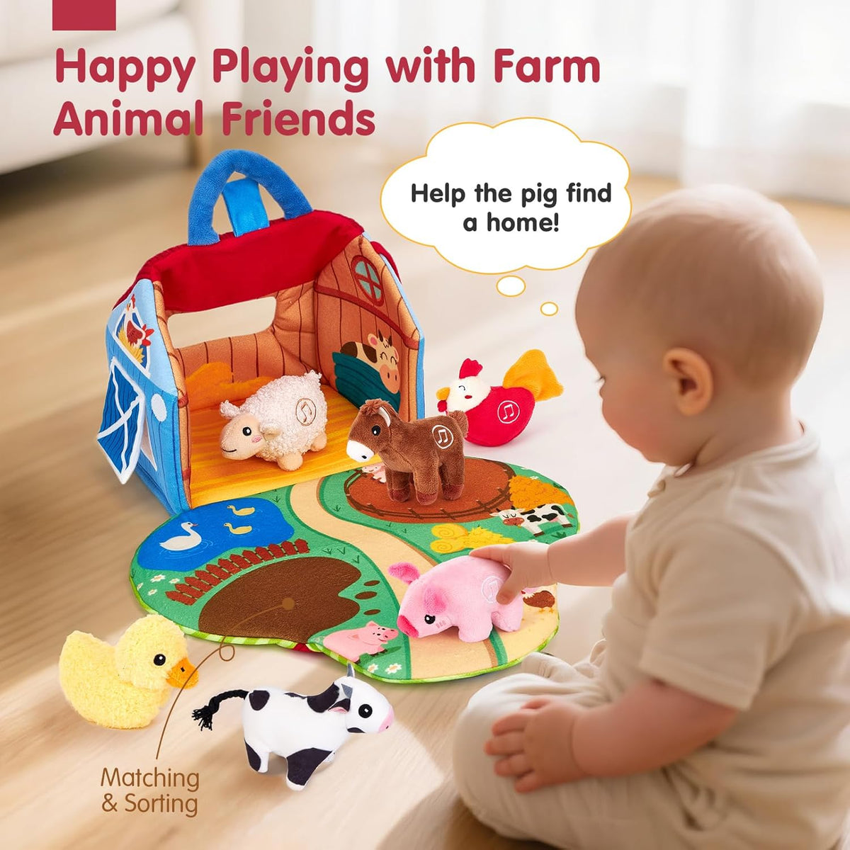 FarmPlayset Farm Toy for Kids, Plush Toys with Portable Play House