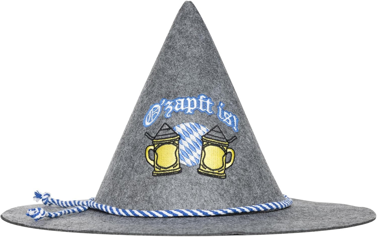Oktoberfest traditional hat Hansl, “O’zapft is” embroidery, grey
