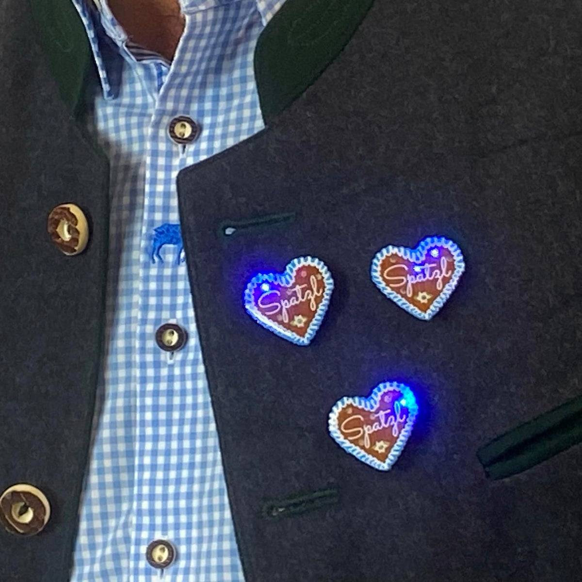 Oktoberfest LED Gingerbread Heart Pins, "Spatzl" 4-piece set