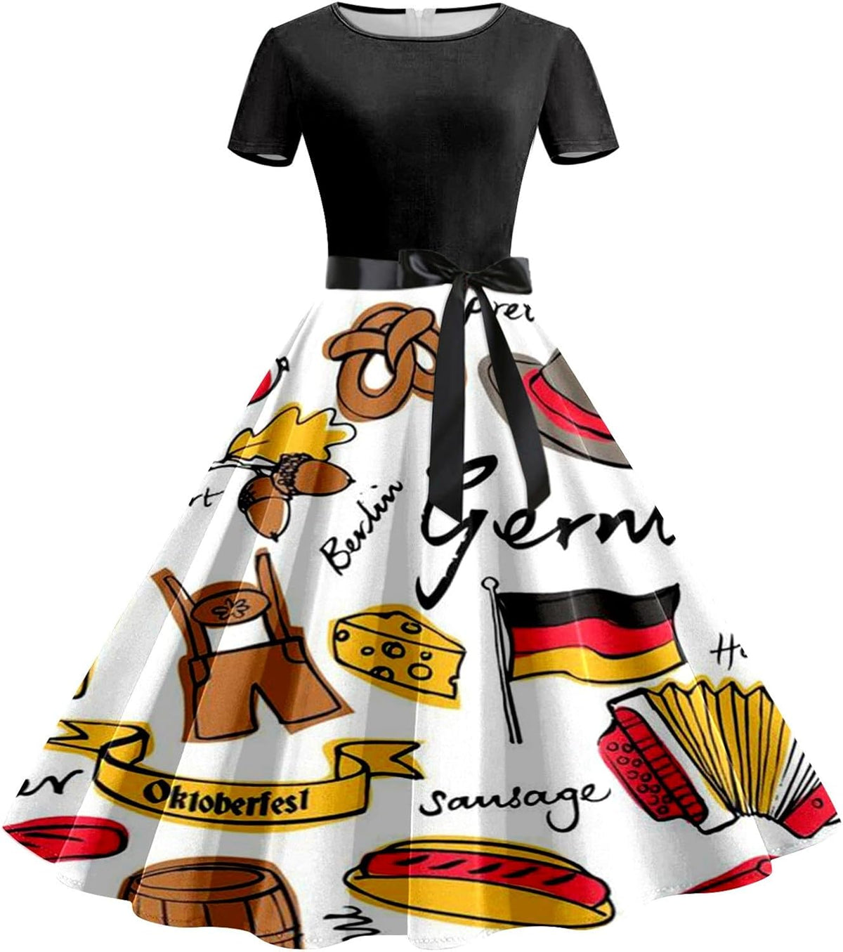 Women's Oktoberfest Dirndl Dress, Beer Mug Print with Waistband