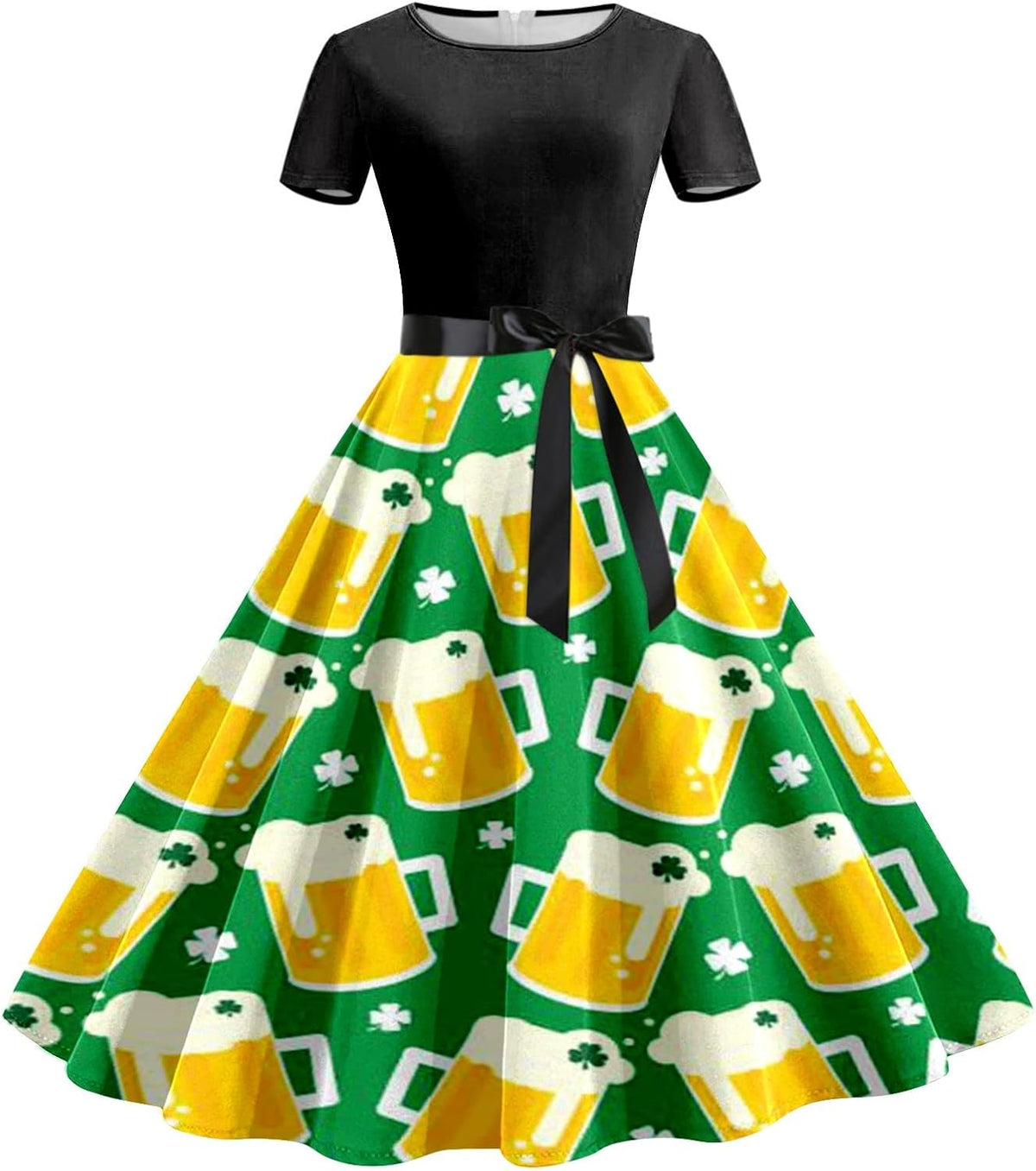Women's Oktoberfest Dirndl Dress, Beer Mug Print with Waistband