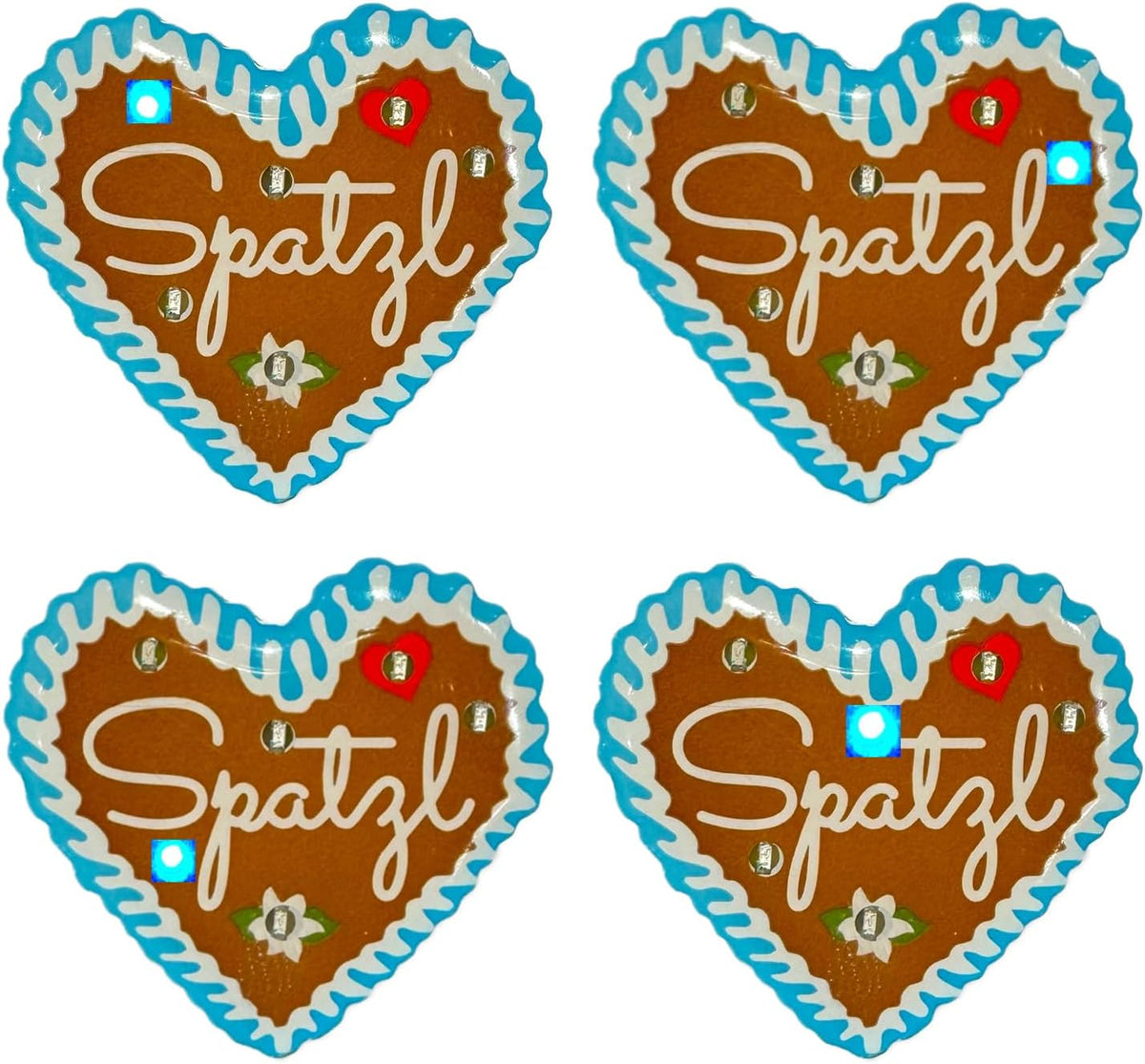 Oktoberfest LED Gingerbread Heart Pins, "Spatzl" 4-piece set