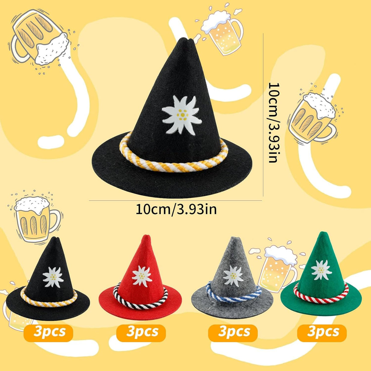 Oktoberfest Mini Felt Trachten Hats, Colorful, Bottle Decorations, Set of 12