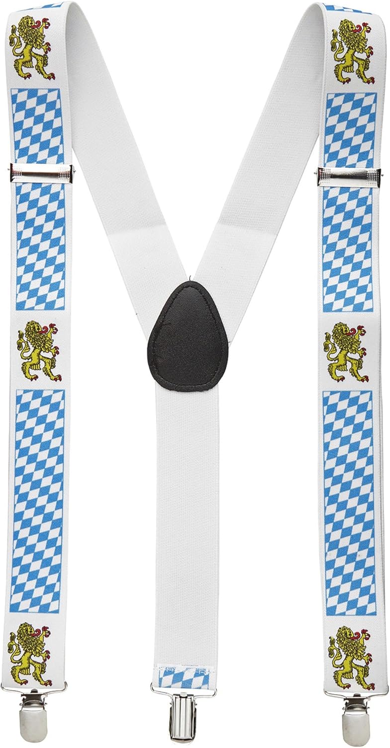 Traditional lederhosen suspenders for Oktoberfest, diamond pattern & lion motif