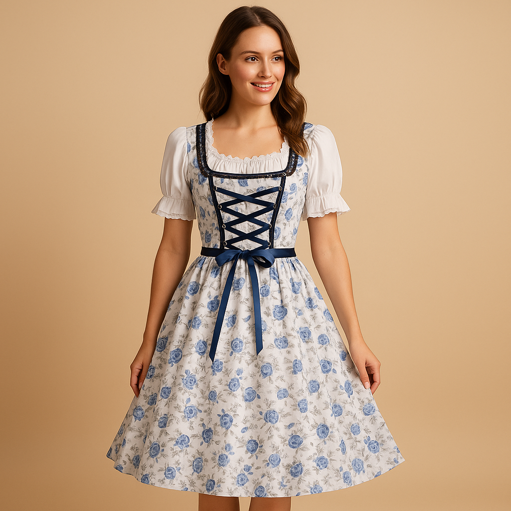 Women's Oktoberfest Dirndl, Traditional Dress with Lace Details Blue-White Waist Cut