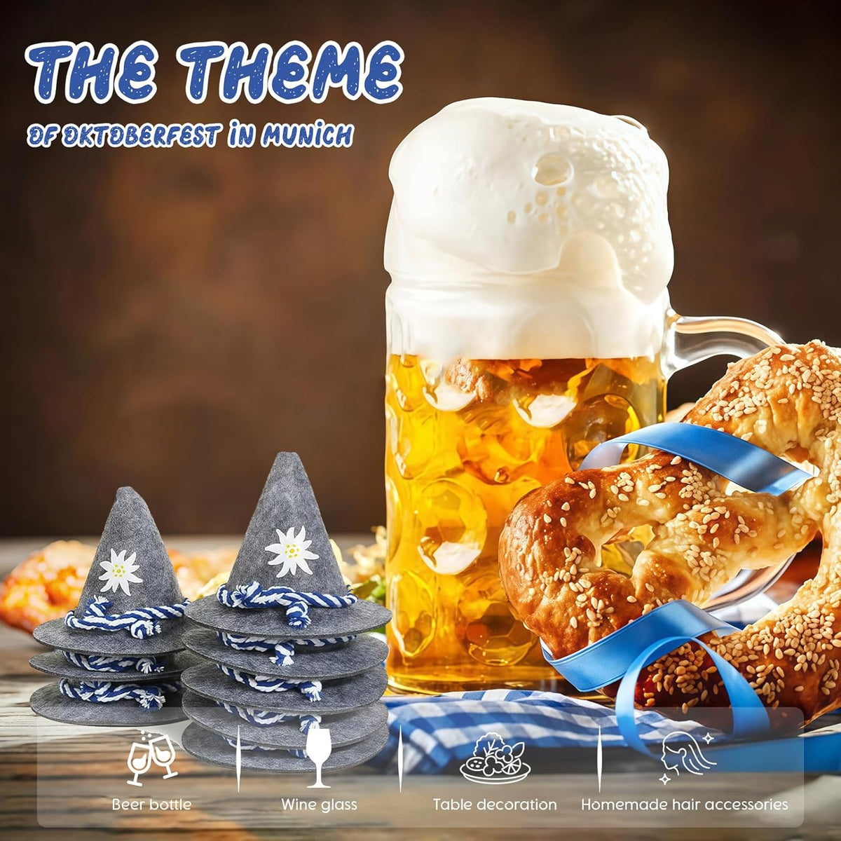 Oktoberfest Mini Felt Trachten Hats, Gray, Bottle Decorations, Set of 12
