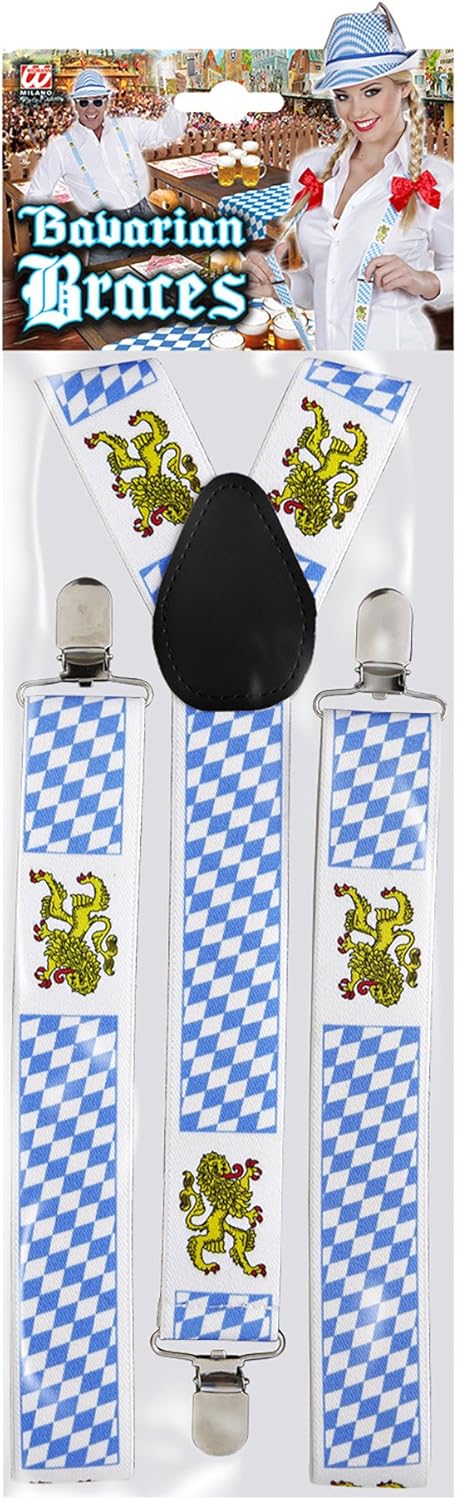 Traditional lederhosen suspenders for Oktoberfest, diamond pattern & lion motif