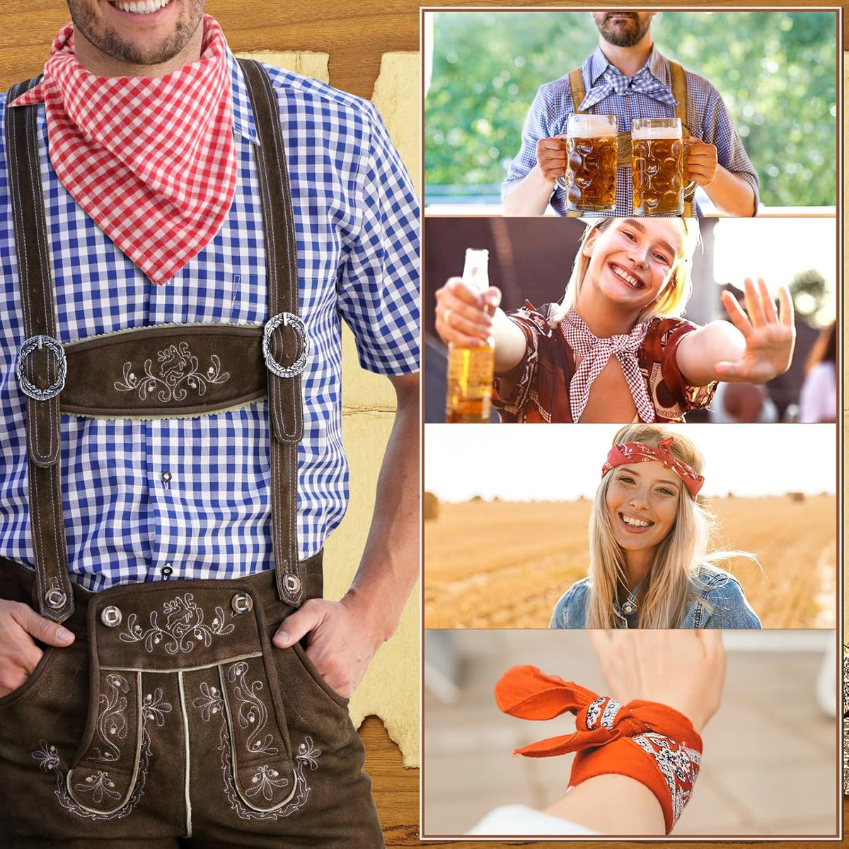 Traditional checkered neckerchief for Oktoberfest, unisex 2-piece set