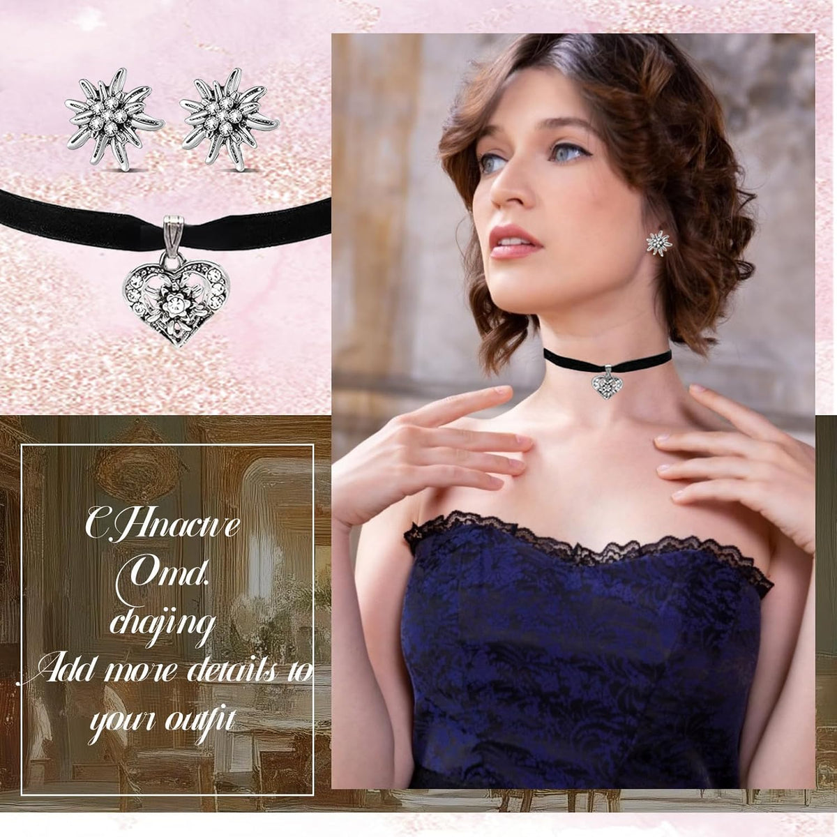 Traditional jewelry set, edelweiss heart pendant, WiesnGlanz