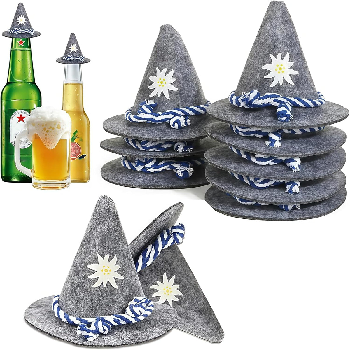 Oktoberfest Mini Felt Trachten Hats, Gray, Bottle Decorations, Set of 12