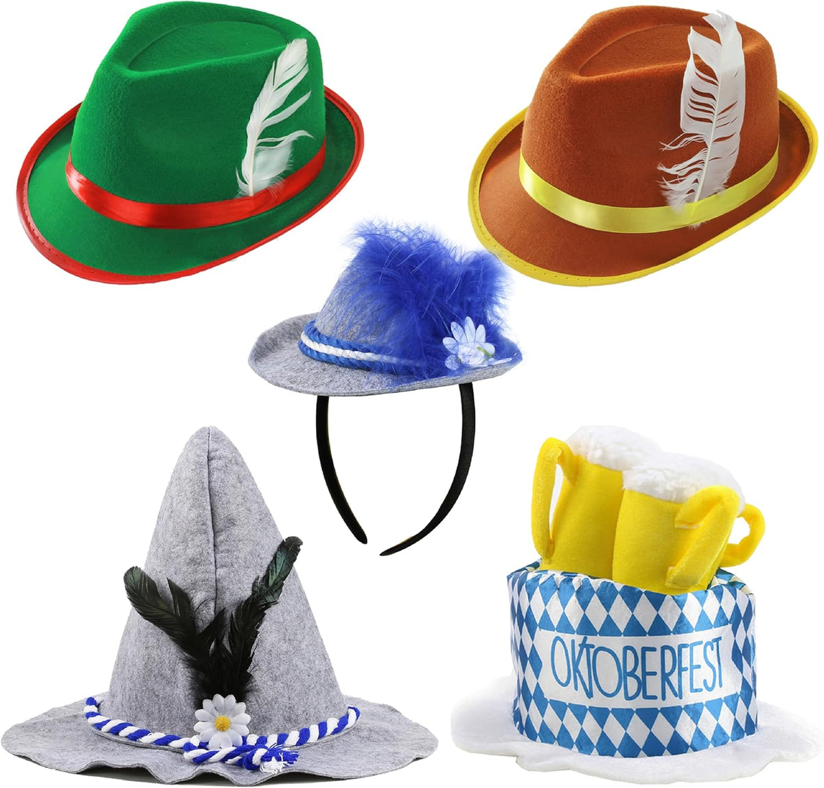 Oktoberfest Hat Set 5-Piece Multicolor, Traditional Alpine Felt Hat