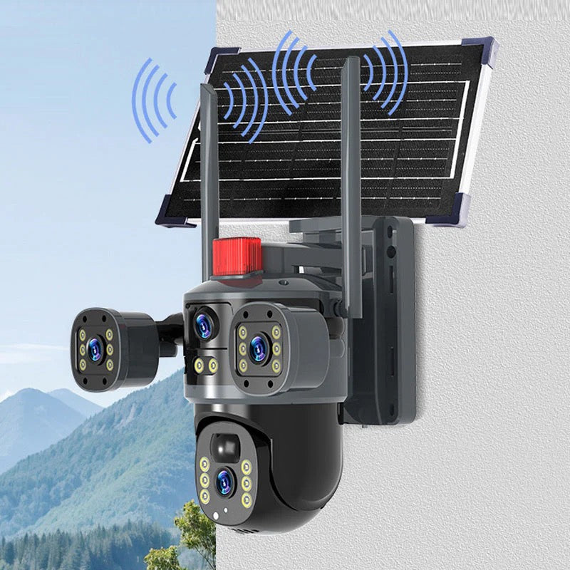 Dome Camera – Solar-powered surveillance camera with triple lens, black