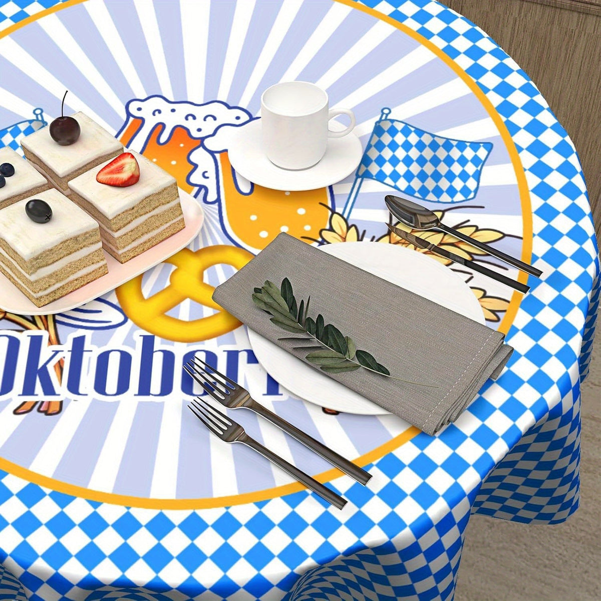 Oktoberfest Tablecloth Round, Bavarian Diamond Pattern Polyester