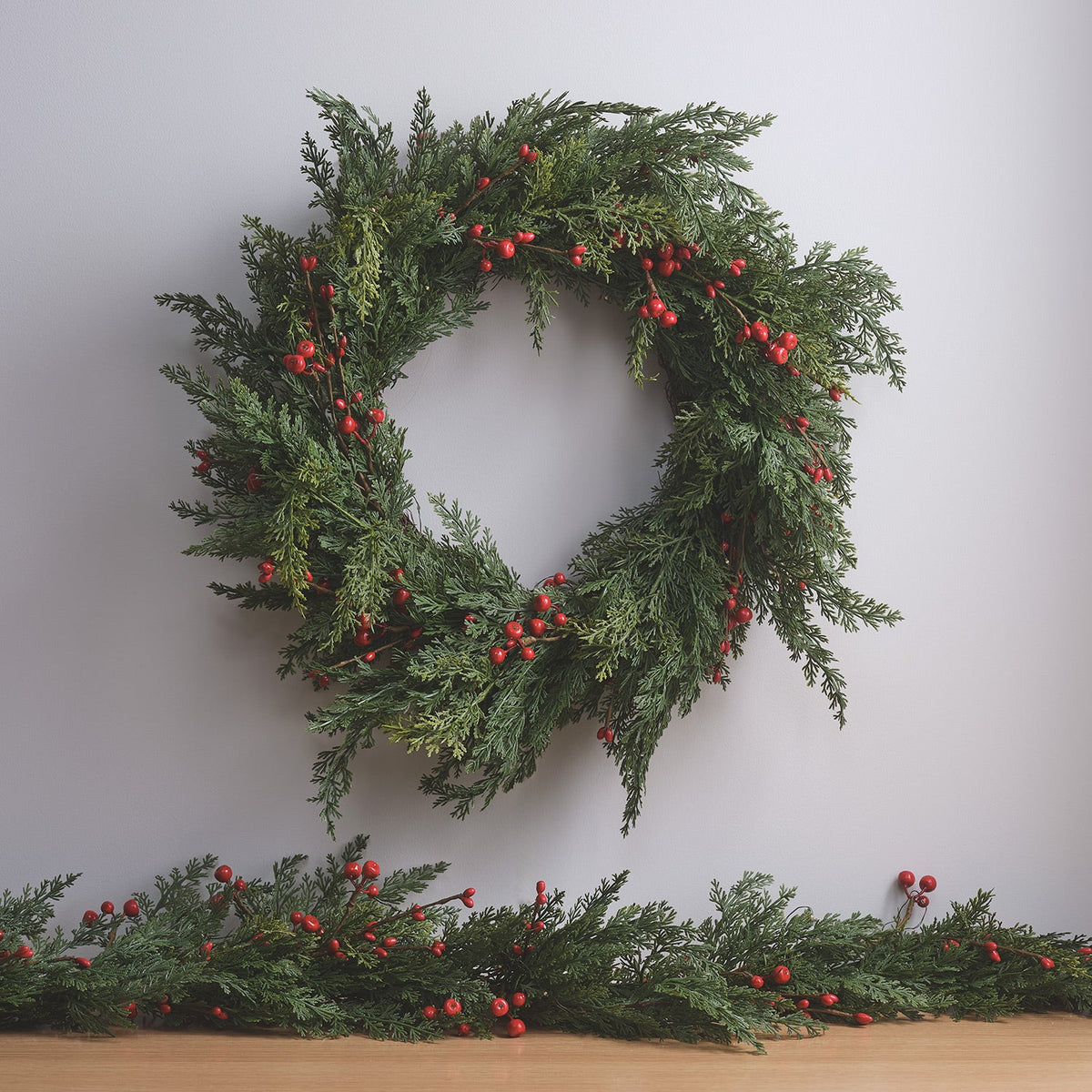 Lighted wreath & garland set with red berries