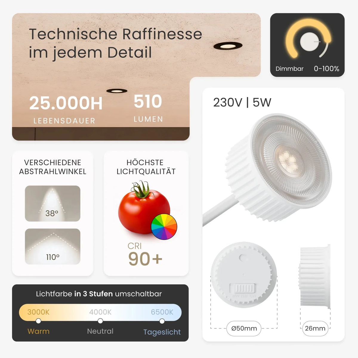 Recessed spotlight NUA dimmable, 510lm, IP44, CRI90+