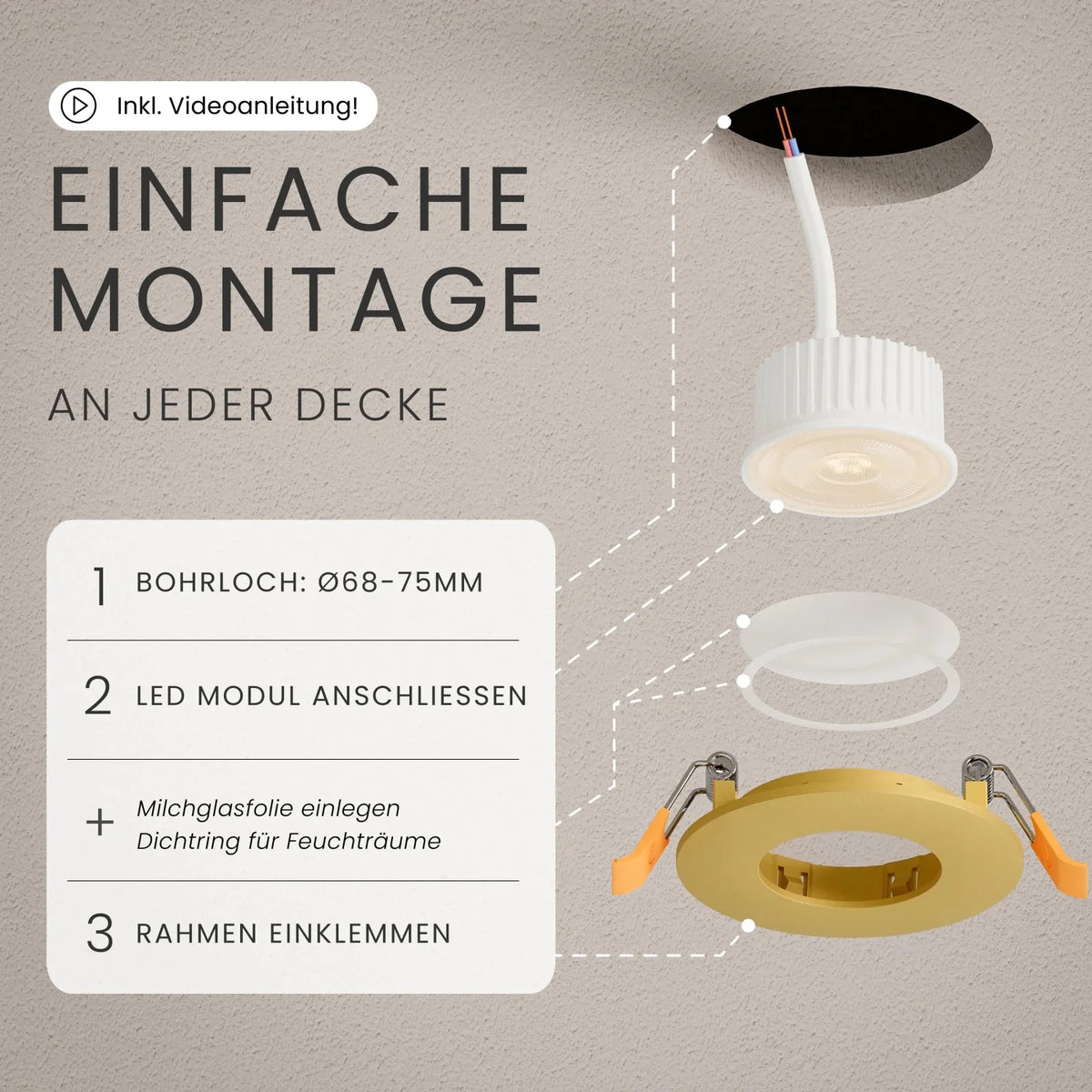 Recessed spotlight NUA dimmable, 510lm, IP44, CRI90+