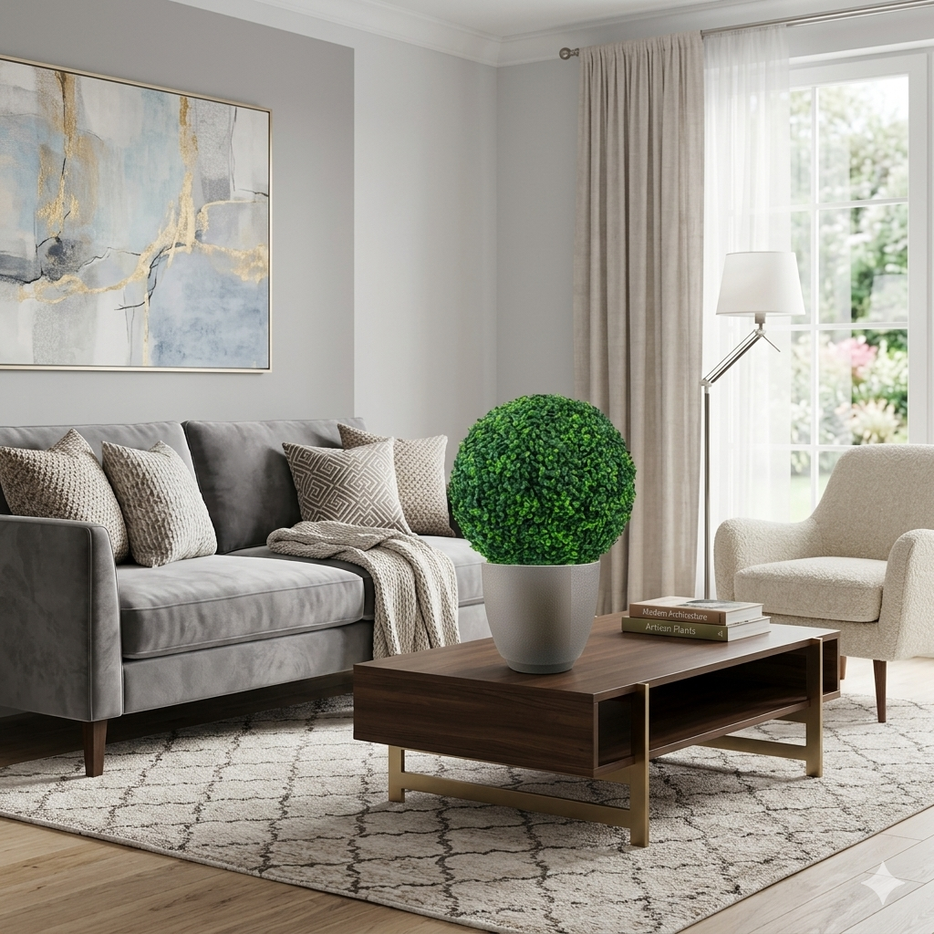 BallPlant Kunstpflanzenkugel im modernen Wohnzimmer auf Couchtisch