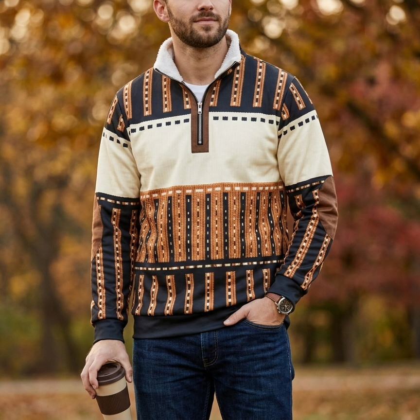 Retro Men's Half-Zip Sweatshirt with Stand-Up Collar