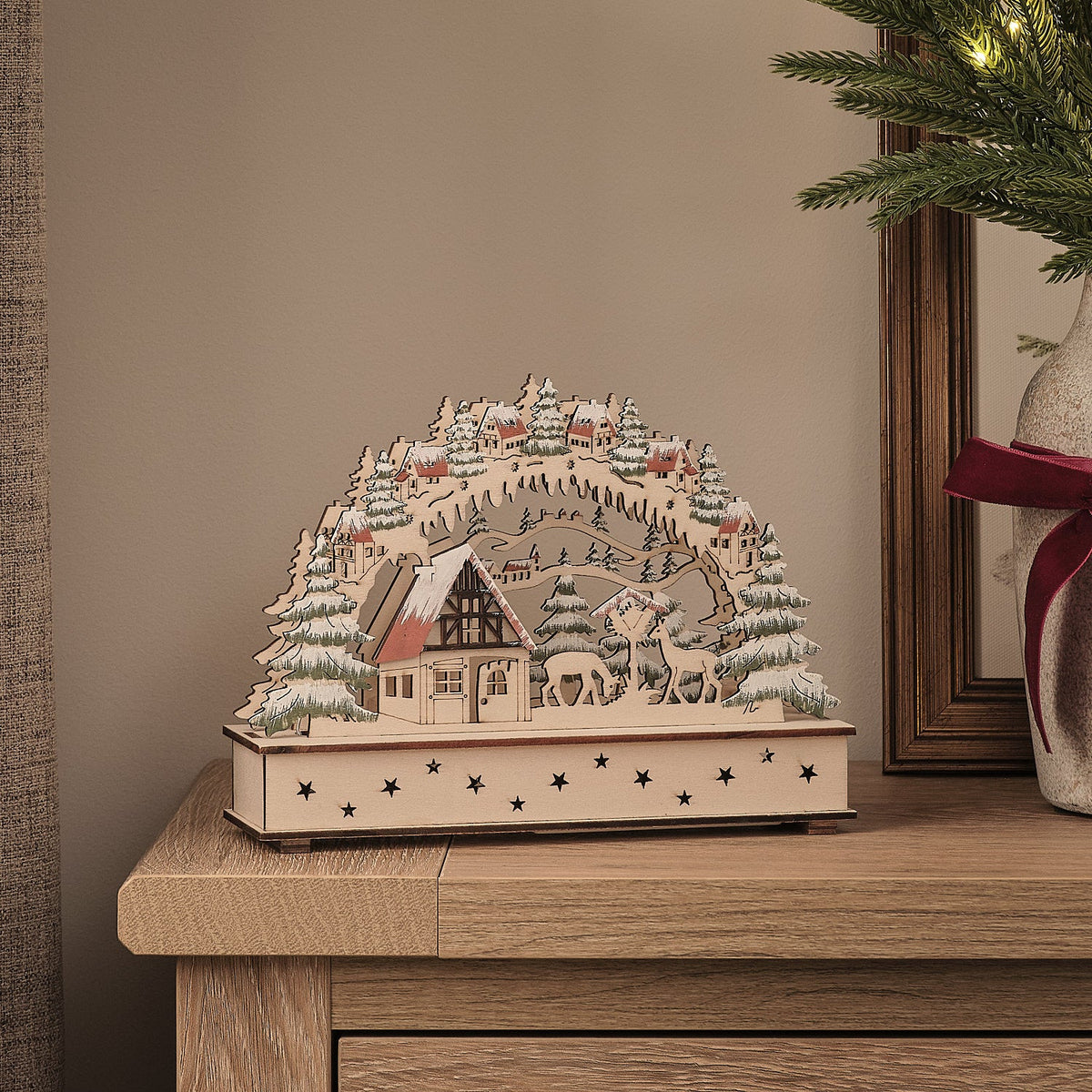 Wooden LED Christmas village with reindeer