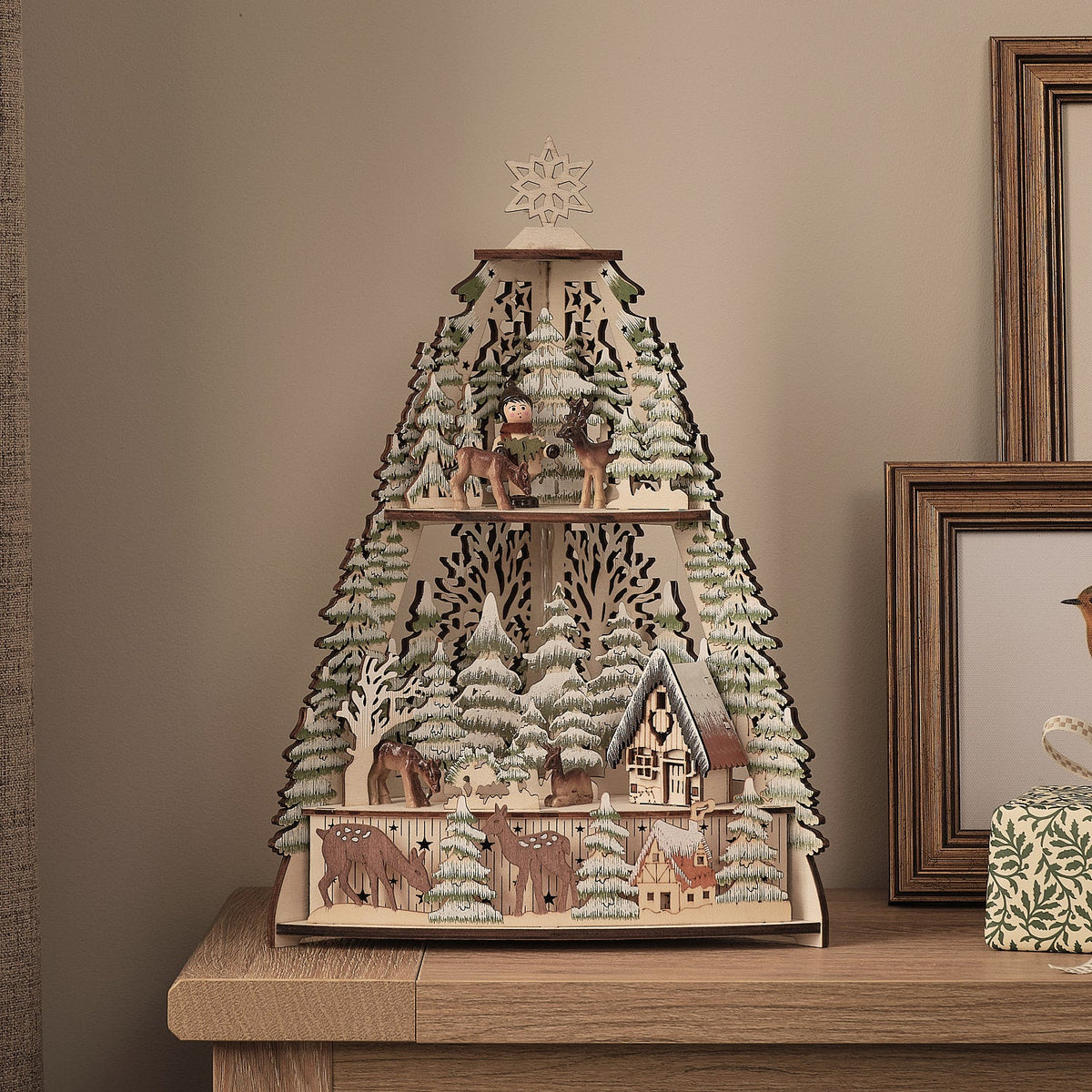 Wooden LED winter landscape with log cabin – 35 cm