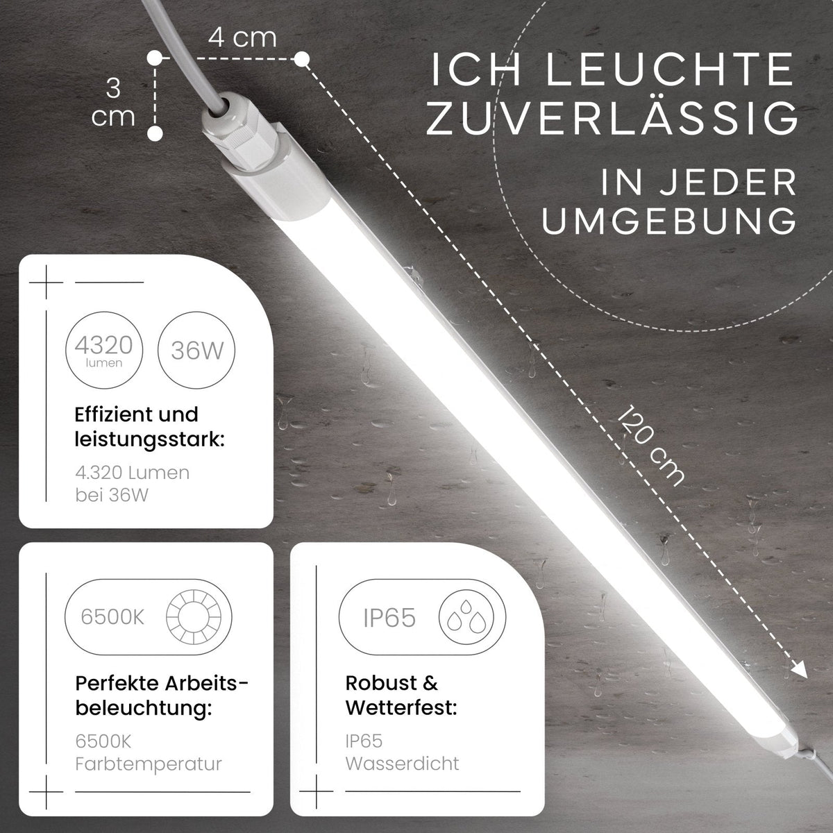 LED Feuchtraumleuchte SLIM Detailansicht Kaltweiß
