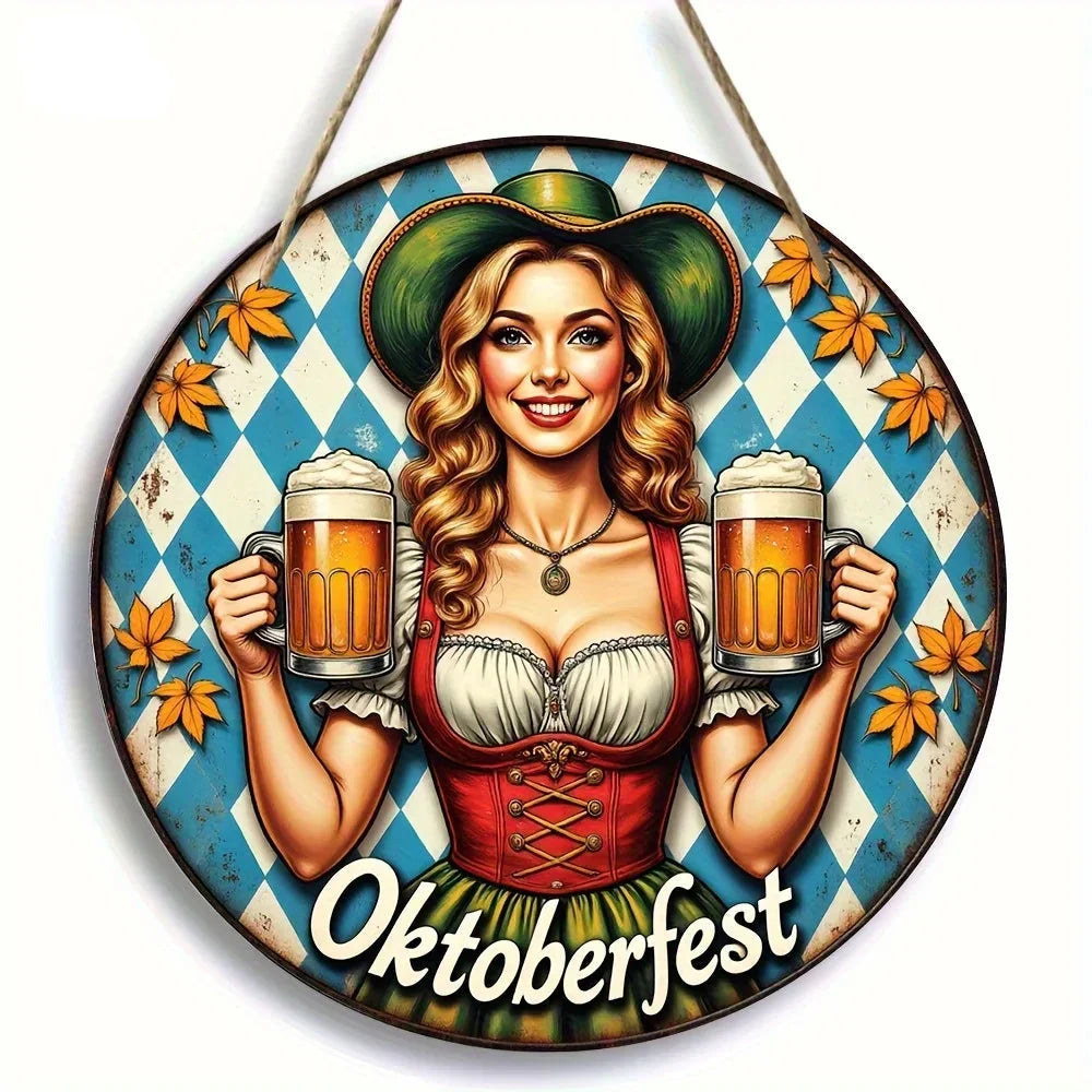 Oktoberfest Round Wall Decoration, Vintage Oktoberfest Girl 20cm