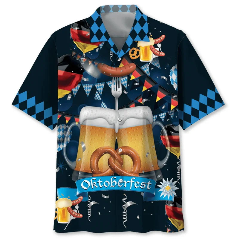 Oktoberfest Hawaiian-Style Shirt, Beer & Pretzel Pattern, Unisex