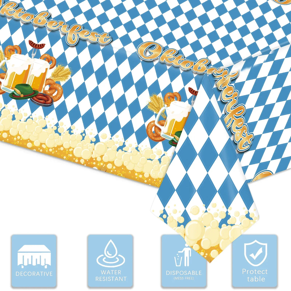 Oktoberfest Tablecloth Blue and White Diamond Pattern, Bavarian Party Decoration