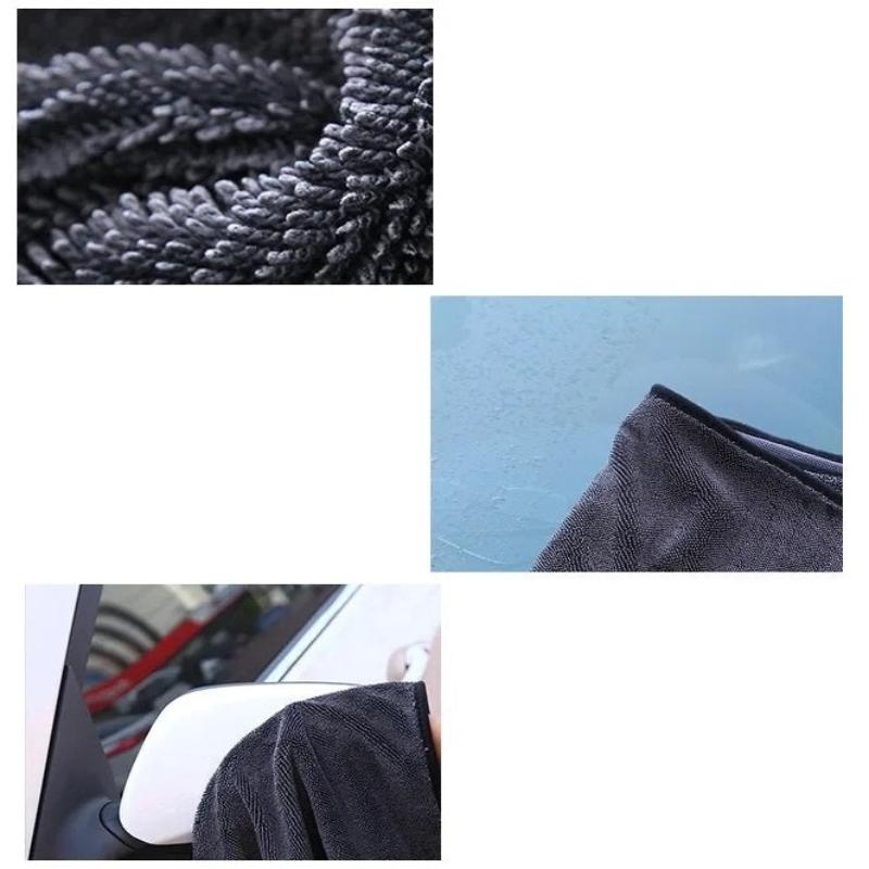CleaningTowel Collage: Faserstruktur, Anwendung an Autoscheibe und Seitenspiegel