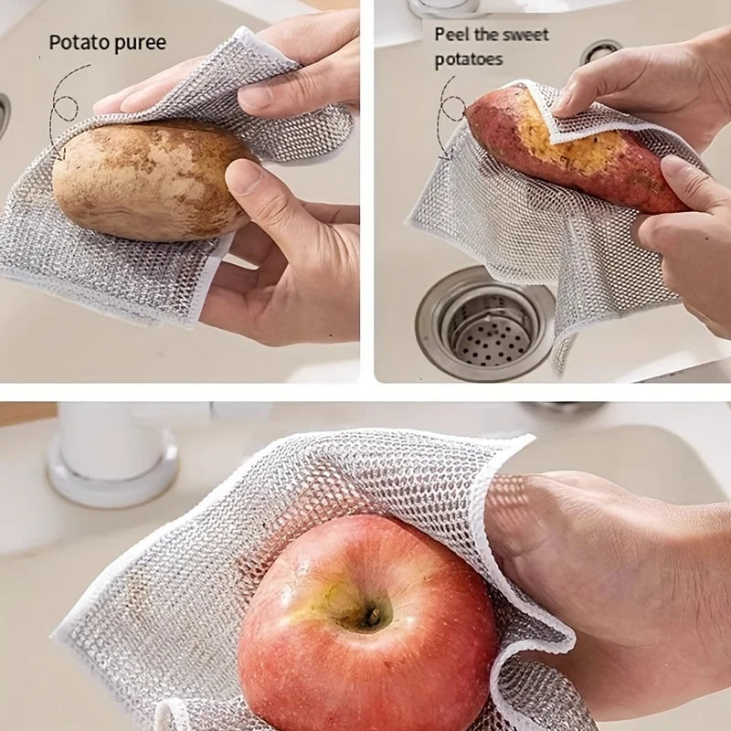 Bildcollage: ScrubPad im Einsatz an Herdbrenner, Pfanne, Lüftungsgitter und Spülsieb