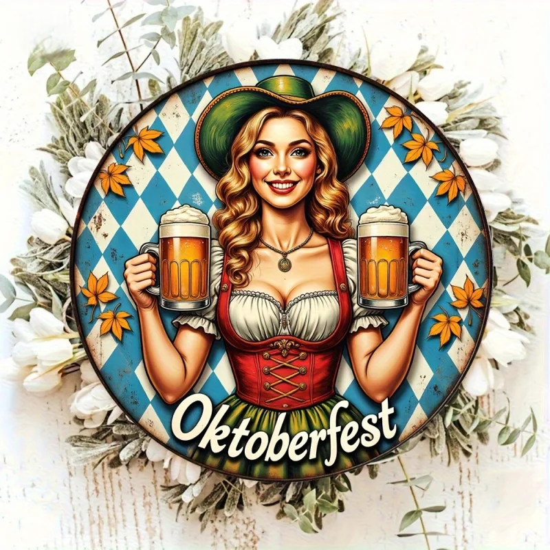 Oktoberfest Round Wall Decoration, Vintage Oktoberfest Girl 20cm