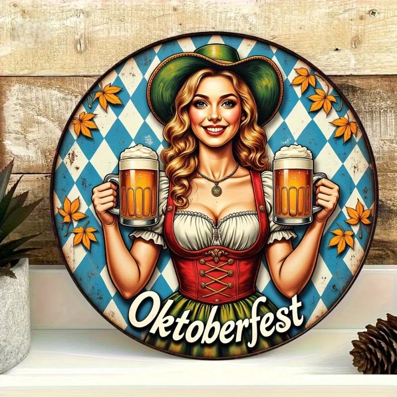 Oktoberfest Round Wall Decoration, Vintage Oktoberfest Girl 20cm