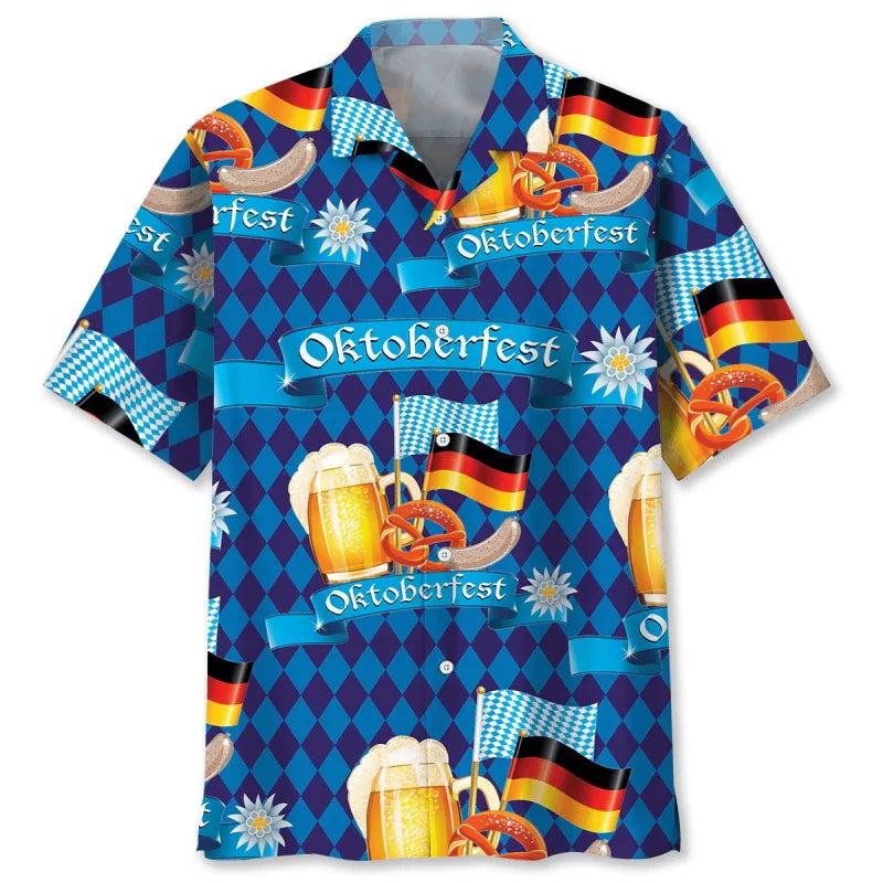 Oktoberfest Hawaiian-Style Shirt, Beer & Pretzel Pattern, Unisex