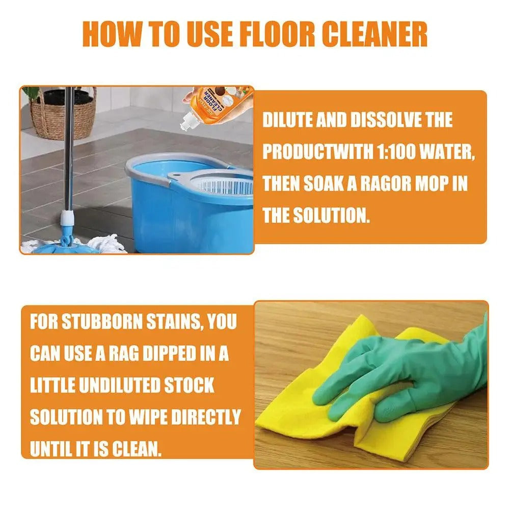 Anleitung zur Anwendung von FloorCleaner: verdünnen, mit Mopp auftragen, bei Flecken pur auftragen