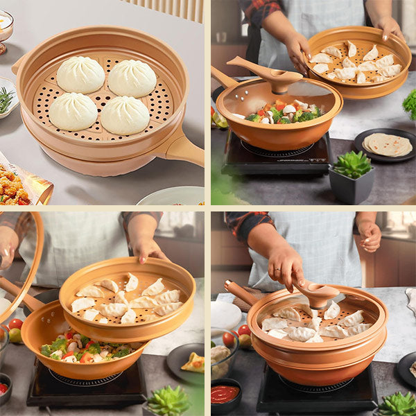 Non-stick wok with lid & steamer basket