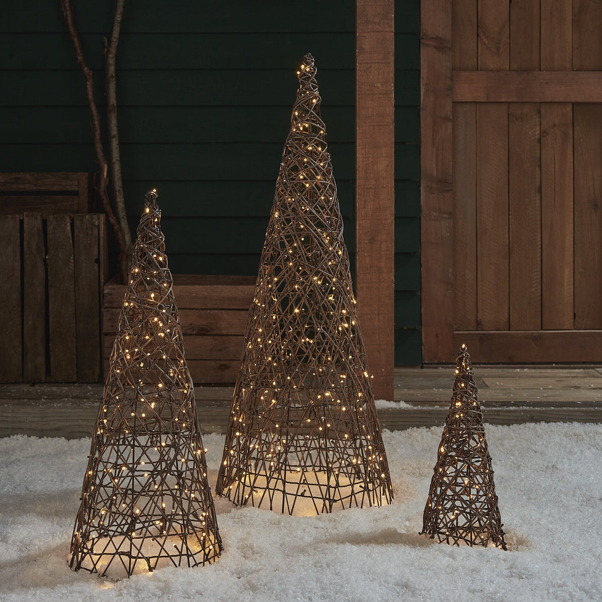 StudleyGlow LED Cone Set of 3 in Rattan Look