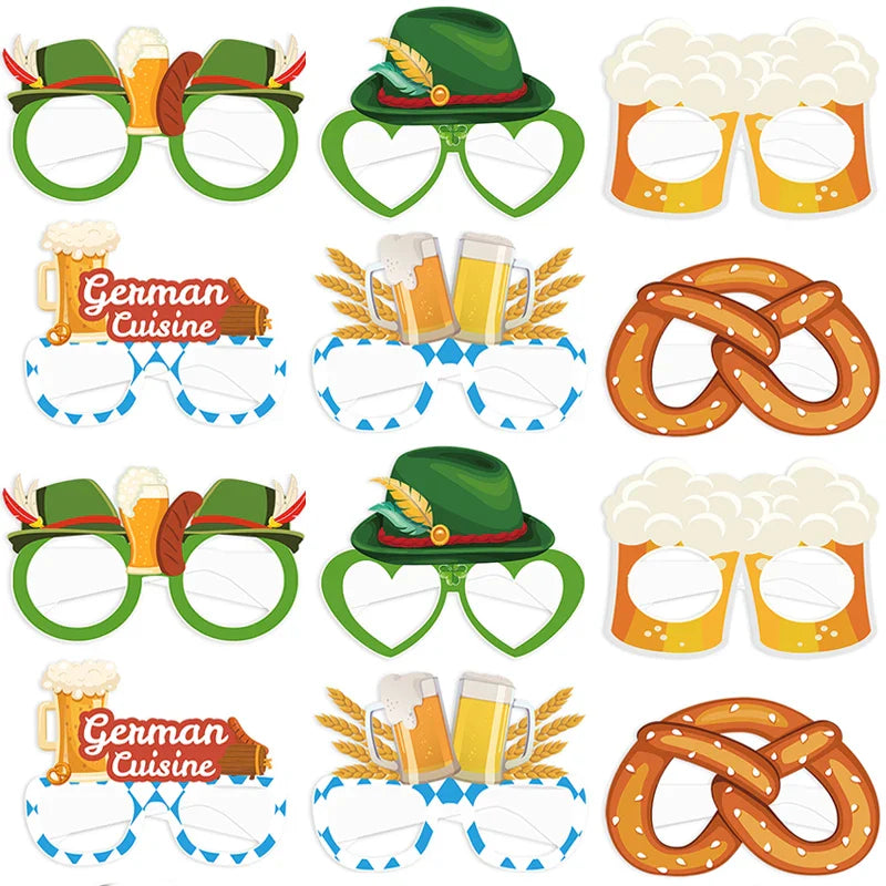 Oktoberfest photo glasses, 12-piece set made of paper, party accessory beer mug pretzel