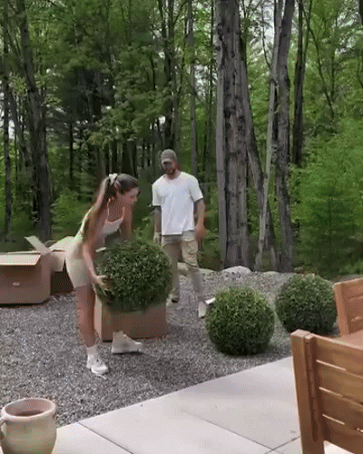 Familie stellt zwei BallPlant Kunstpflanzenkugeln im Garten auf