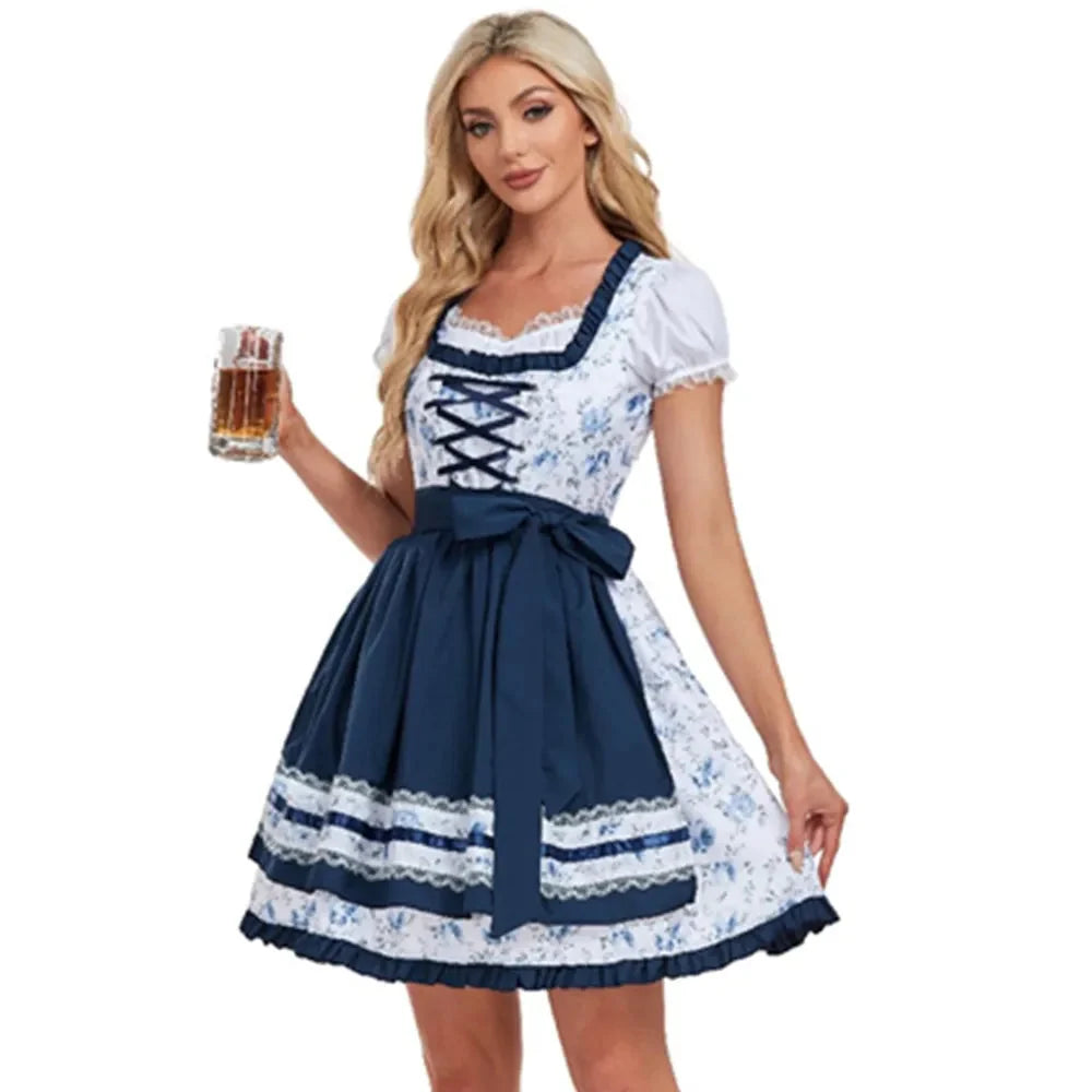 Women's Oktoberfest Dirndl Blue-Plaid, Traditional Dirndl Dress with Apron