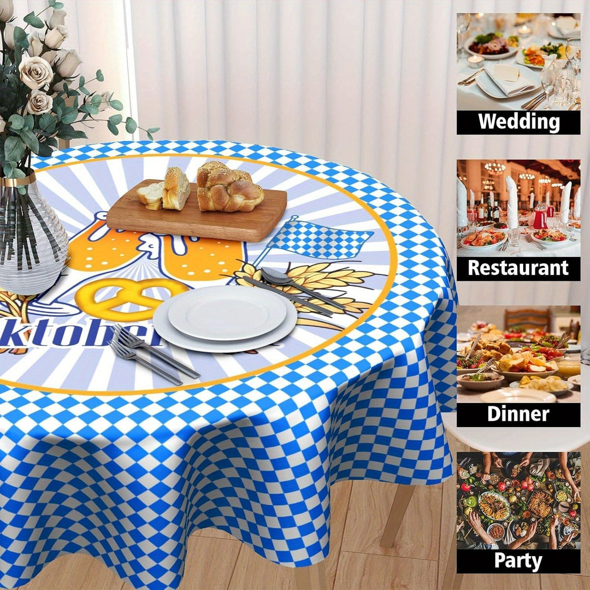 Oktoberfest Tablecloth Round, Bavarian Diamond Pattern Polyester