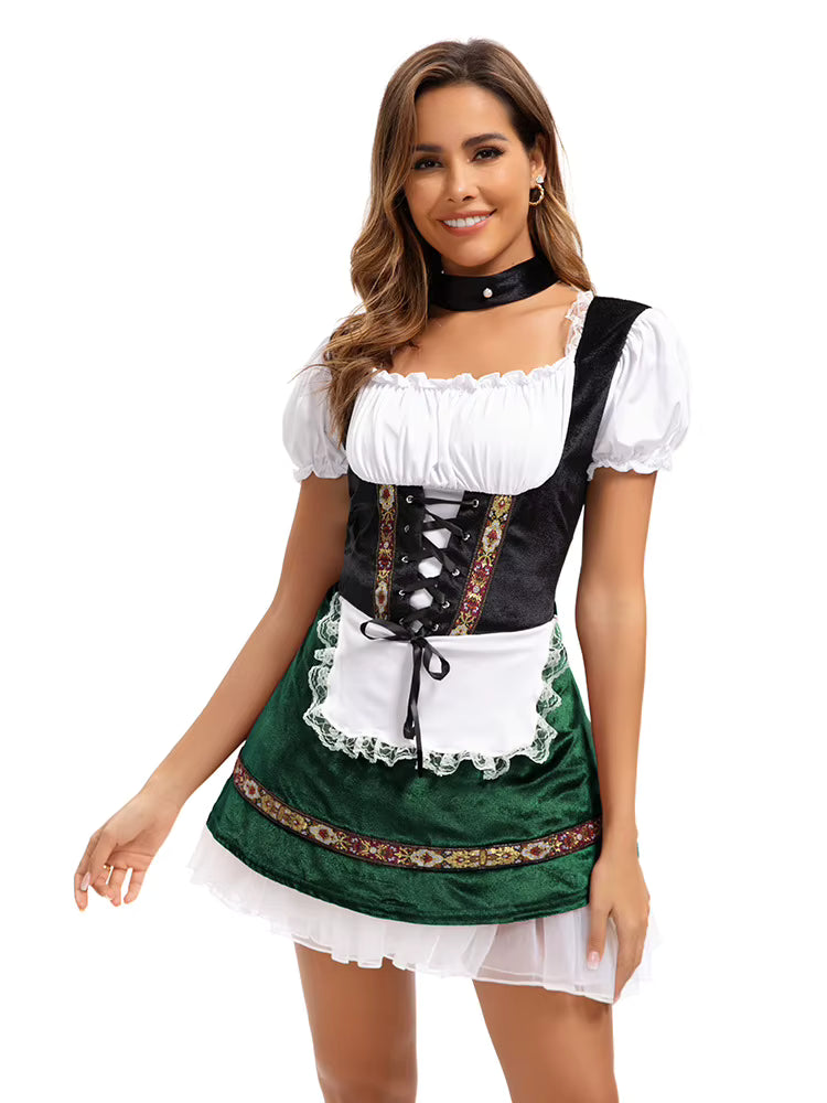 Women's Oktoberfest Dirndl Plus Size, Lace-up Bodice with Puff Sleeves