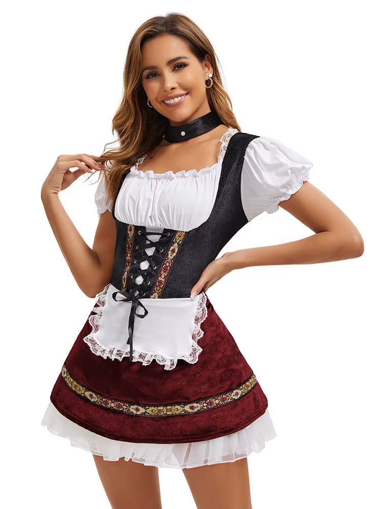 Women's Oktoberfest Dirndl Plus Size, Lace-up Bodice with Puff Sleeves